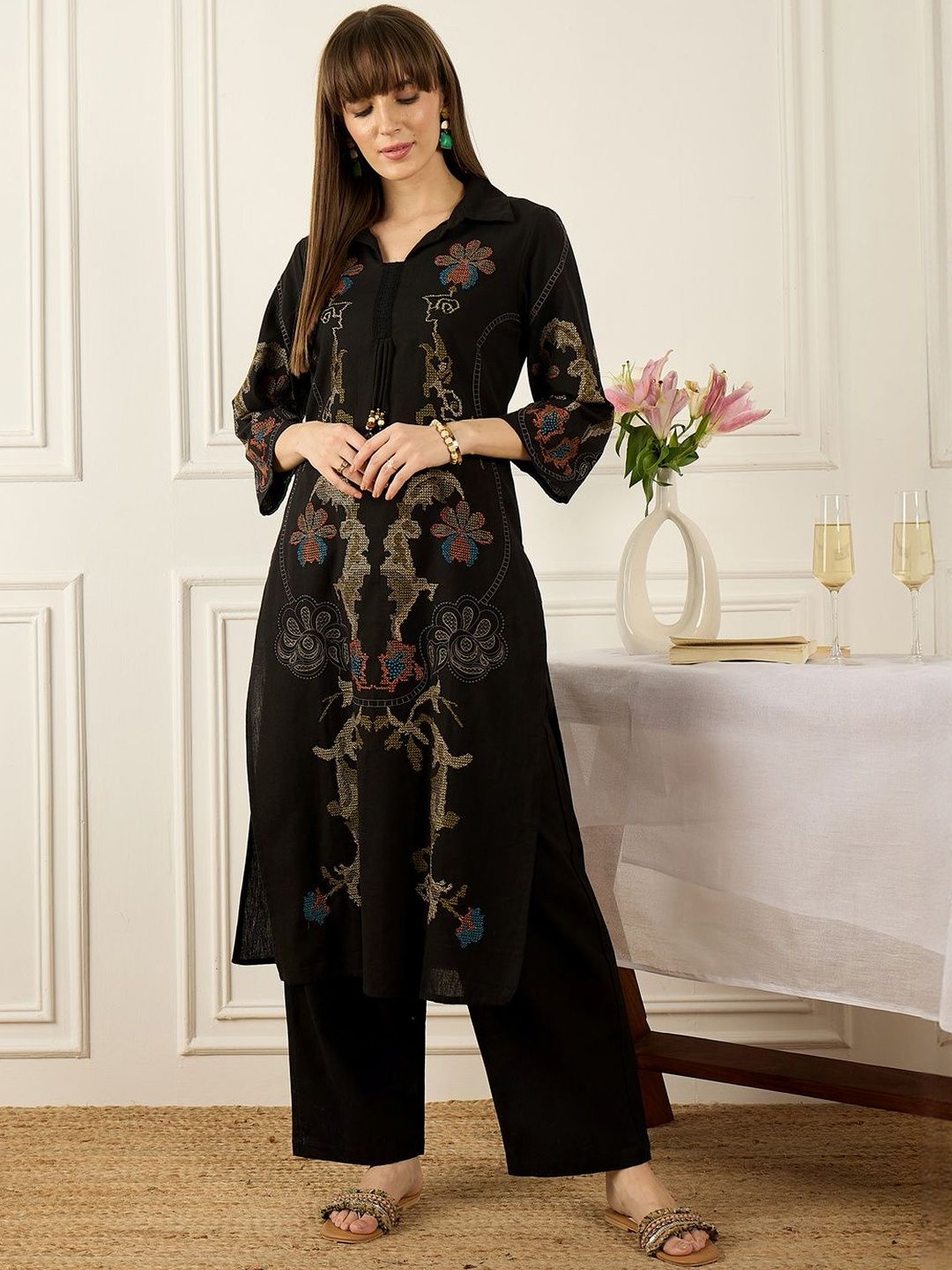 Women Ethnic Motifs Embroidered Regular Thread Work Pure Cotton Kurta with Palazzos