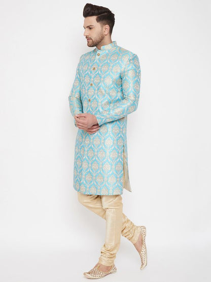 Men's Aqua Silk Blend Straight Sherwani Set