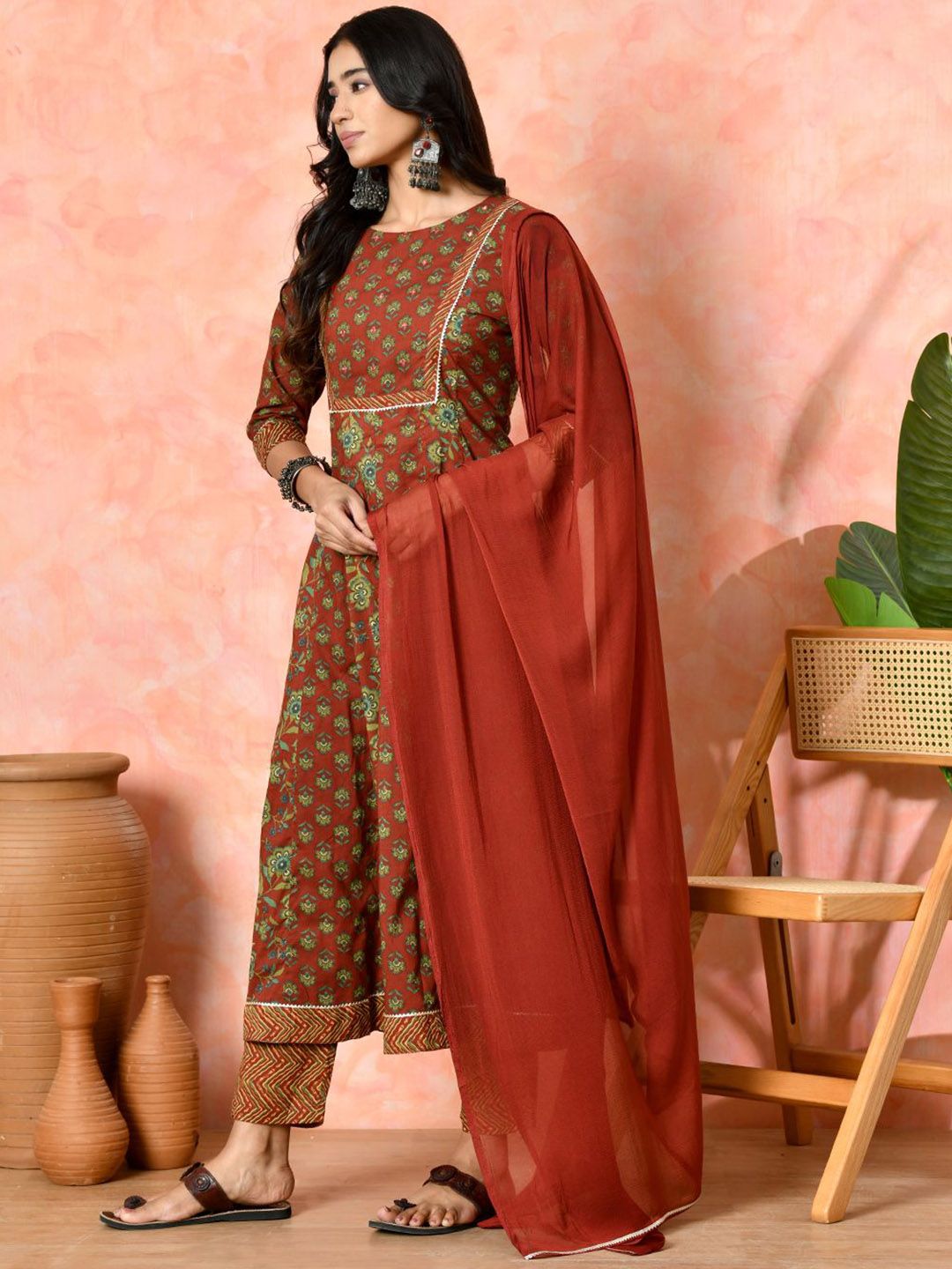 Dhiyona SN Women's Floral Printed Pure Cotton Round Neck Anarkali Kurta With Trouser And Dupatta