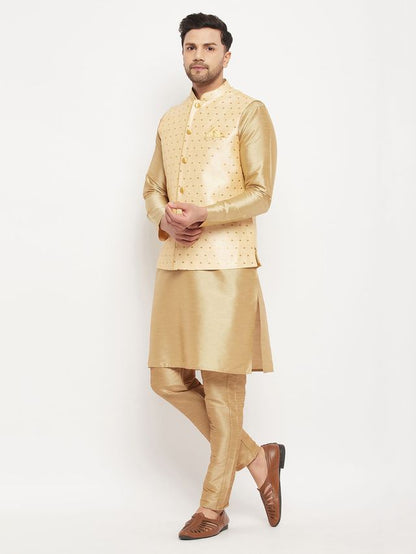 Men's Rose Gold Silk Blend Straight Jacket  Kurta and Dhoti Set