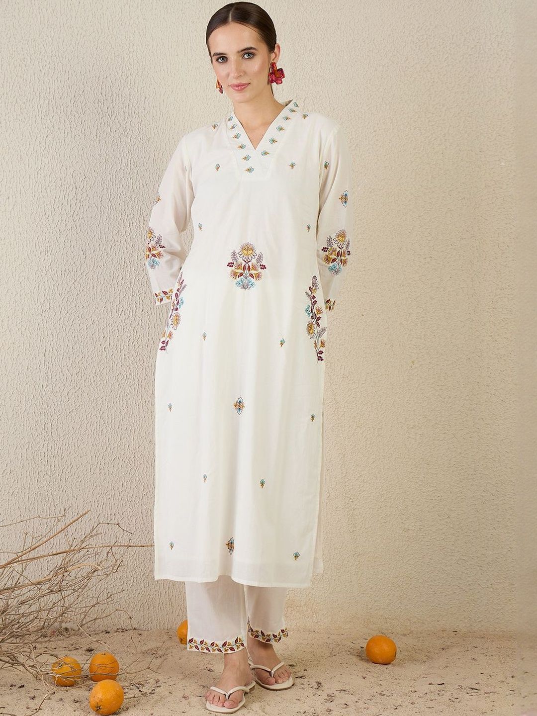 Floral Embroidered Thread Work Pure Cotton Kurta With Trouser & Dupatta