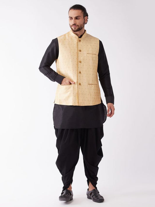 Men's Black Silk Blend Straight Jacket  Kurta and Dhoti Set