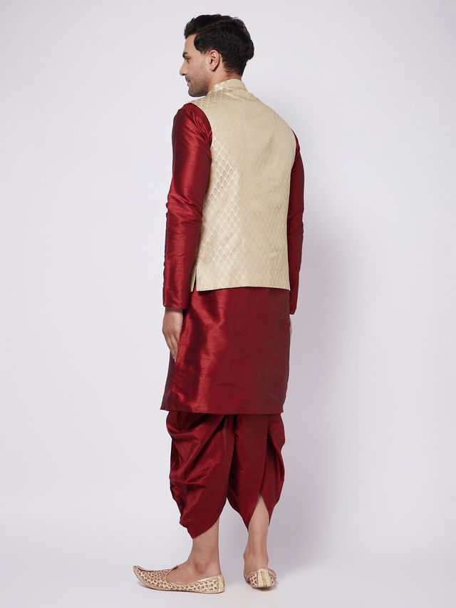Men's Maroon Silk Blend Straight Jacket  Kurta and Dhoti Set