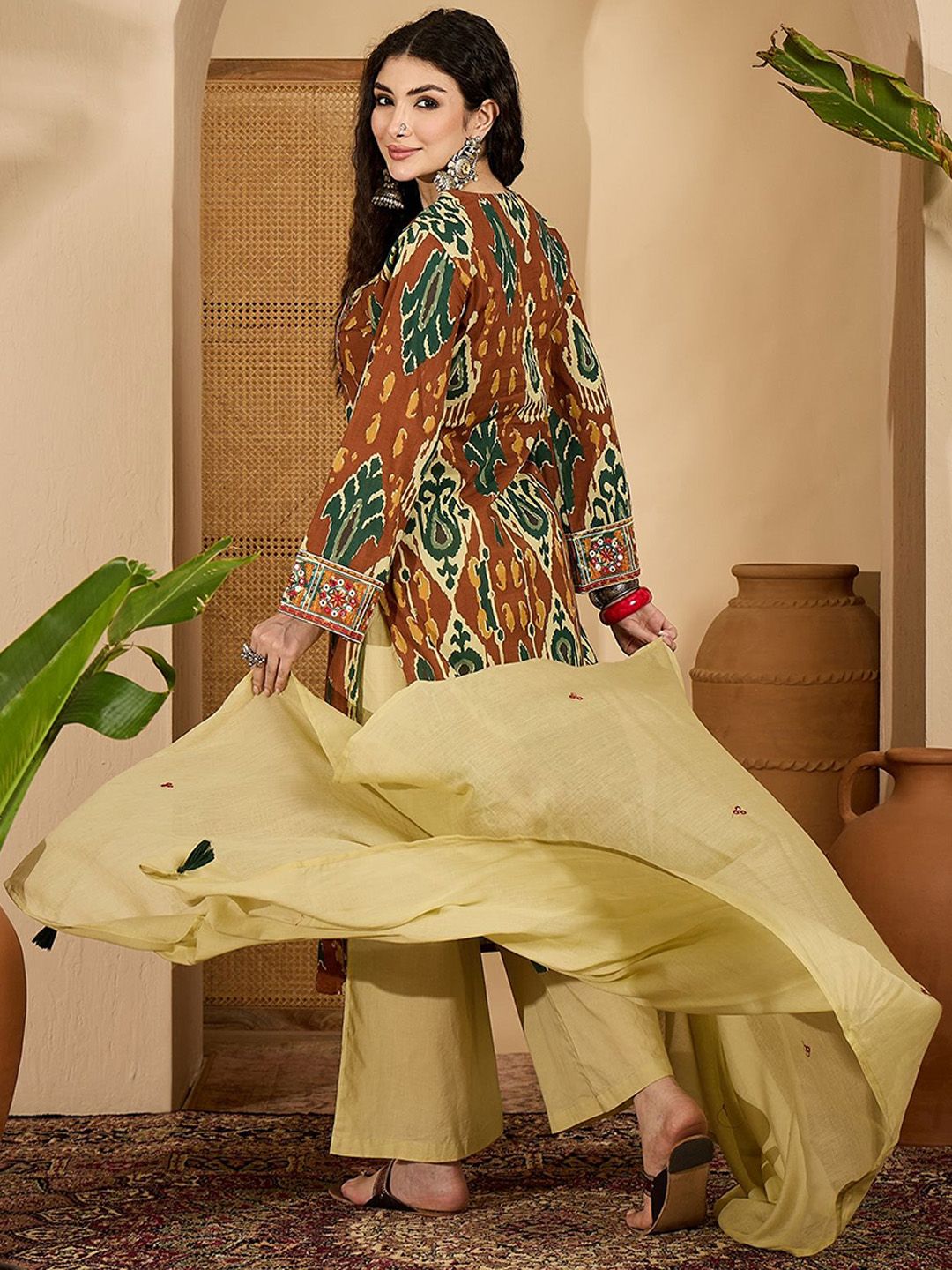 Dhiyona SN Women's Ikat Printed Embroidered Straight Kurta Palazzo & Dupatta Set