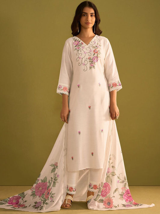 Dhiyona IE Women Floral Embroidered Regular Thread Work Kurta with Trousers & With Dupatta
