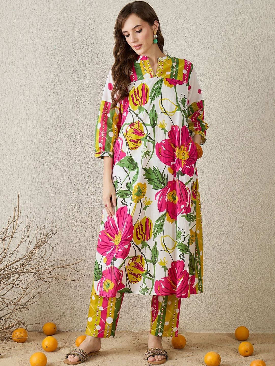 Floral Printed Mandarin Collar Pure Cotton Kurta with Trousers