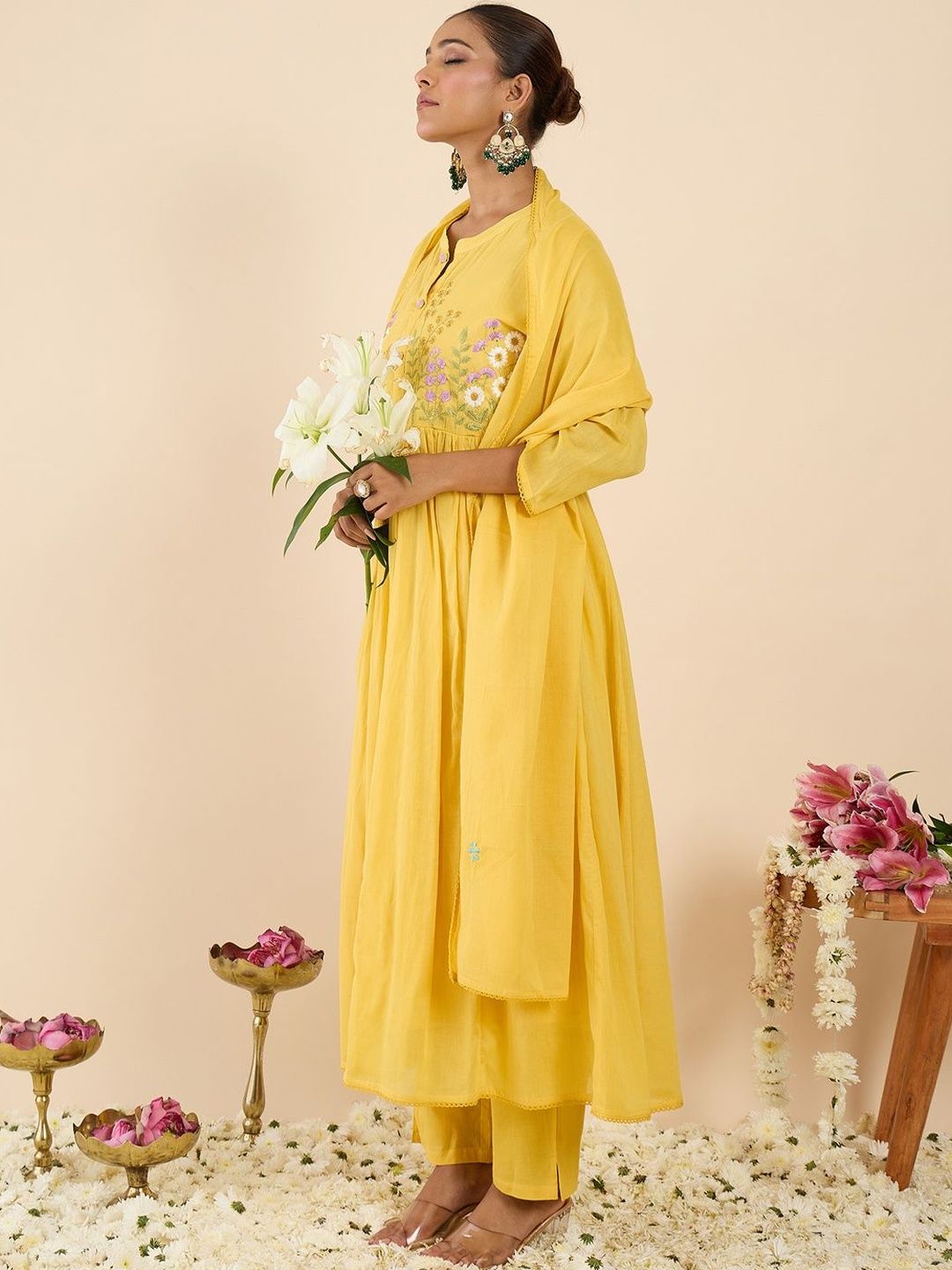 Floral Embroidered Pleated Pure Cotton Straight Kurta With Trousers & Dupatta