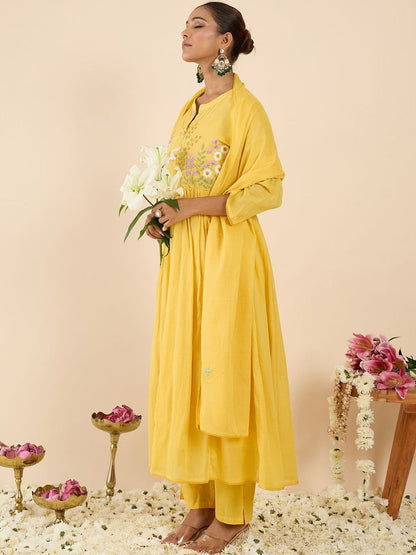 Floral Embroidered Pleated Pure Cotton Straight Kurta With Trousers & Dupatta