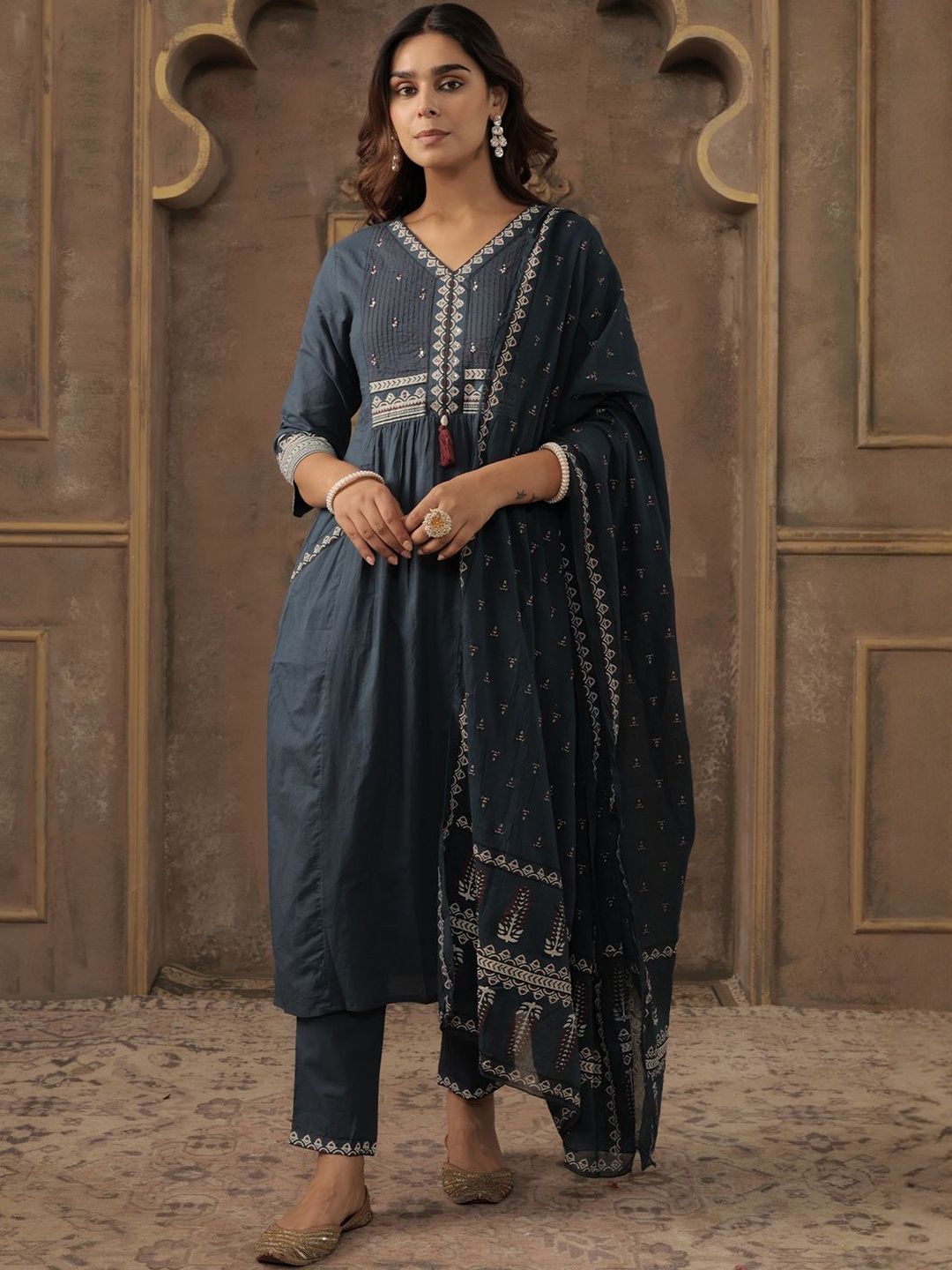 Women Ethnic Motifs Embroidered Cotton A-Line Kurta with Trousers & Dupatta
