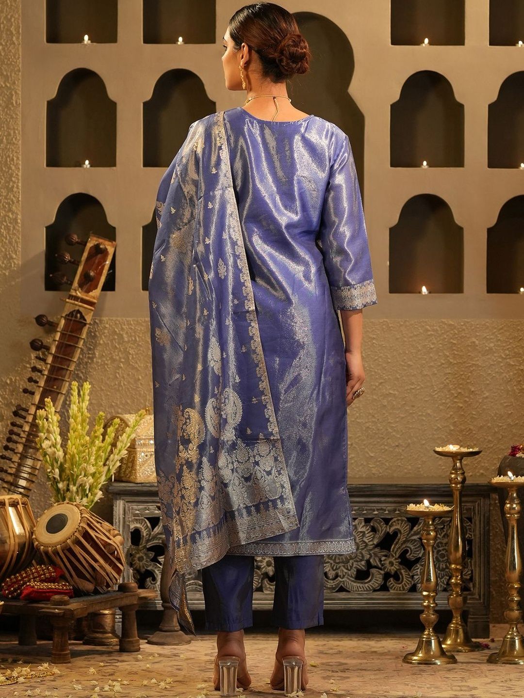Ethnic Motifs Woven Design Zari Liva Kurta With Trousers & With Dupatta