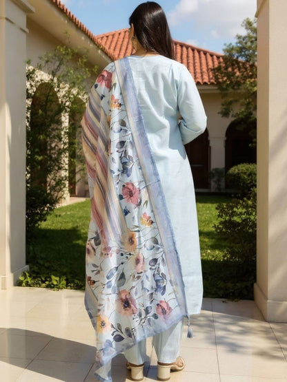 Women Round Neck Kurta with Trousers & Dupatta