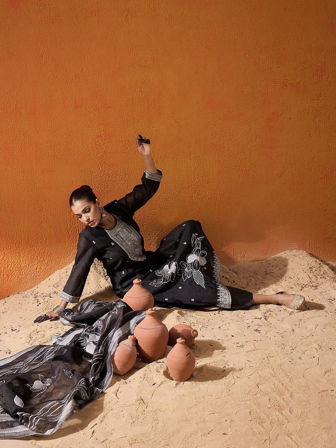 Dhiyona IE Floral Woven Design Thread Work Straight Kurta With Trousers & Dupatta