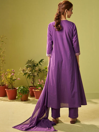 Floral Embroidered Thread Work Pure Cotton A-Line Kurta & Trousers With Dupatta