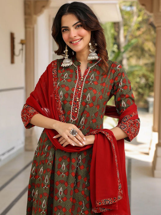 Dhiyona RR Women's Ethnic Motifs Printed Regular Pure Cotton Kurta with Trousers & With Dupatta