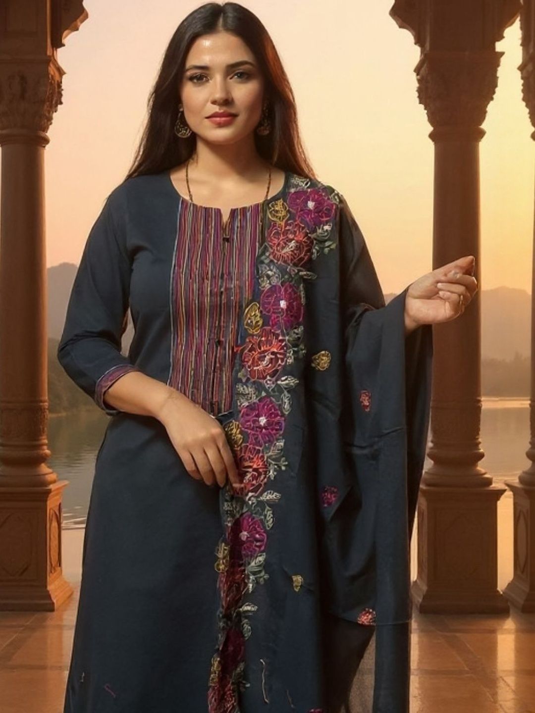 Geometric Yoke Design Thread Work Pure Cotton Kurta & Trousers With Dupatta