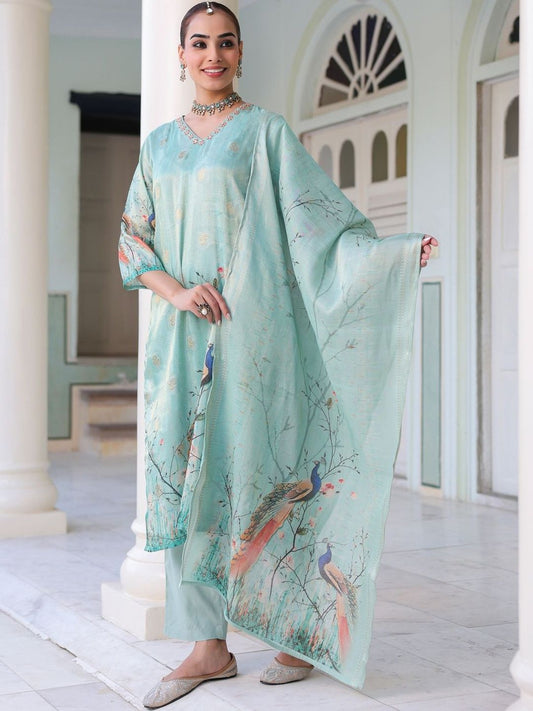 Dhiyona RR Women's Ethnic Motifs Printed Zari Chanderi Cotton Kurta With Trousers & Dupatta