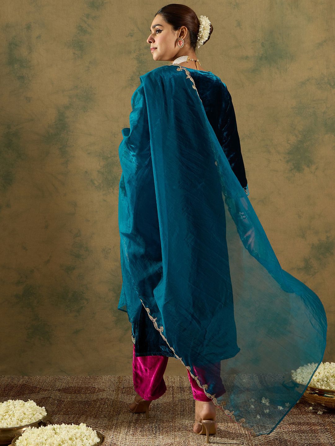 Ethnic Motifs Embroidered Regular Velvet Straight Kurta with Trousers & Dupatta