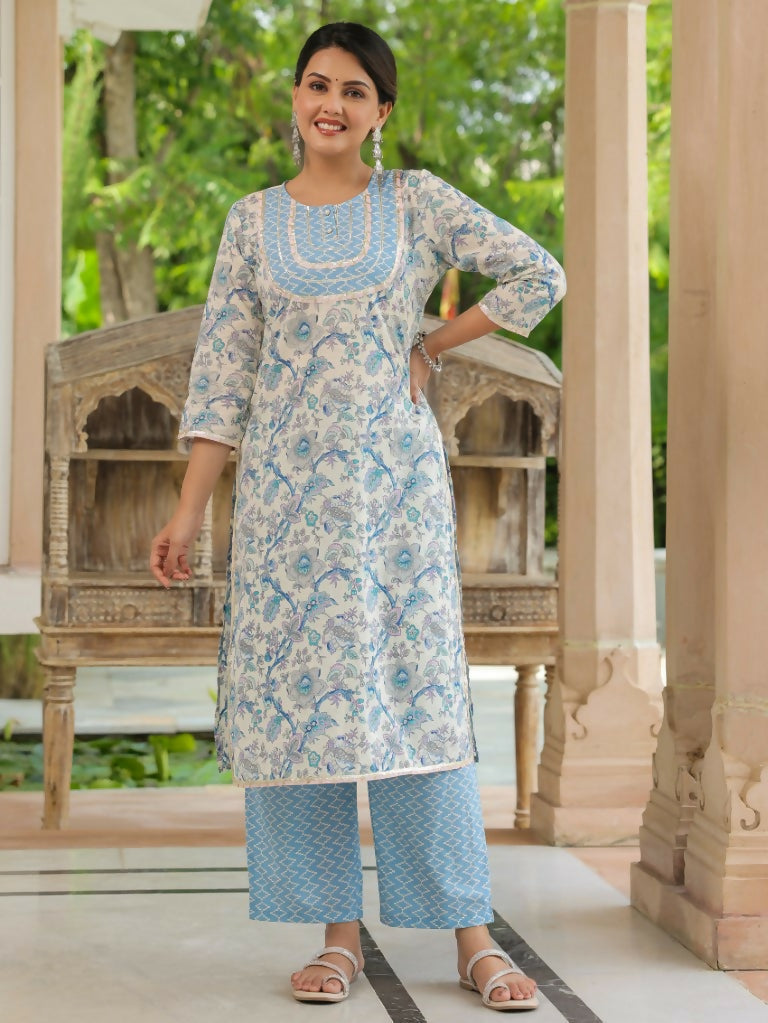 Women's Straight Soft Cotton Floral Print Women's Kurta - Blue