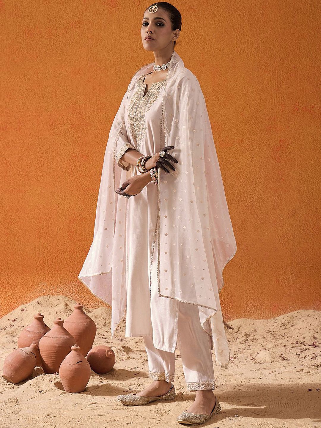 Dhiyona IE Paisley Embroidered Panelled Liva Straight Kurta With Trousers & Dupatta