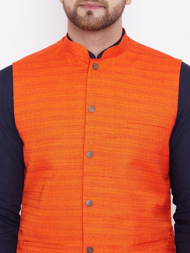 Men's Navy Blue Cotton Blend Straight Jacket  Kurta and Pyjama Set