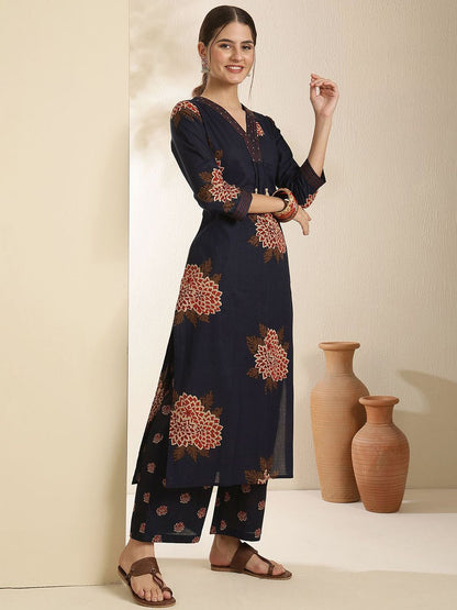 Dhiyona SN Women's Floral Printed Pure Cotton V-Neck Straight Kurta With Trouser & Dupatta