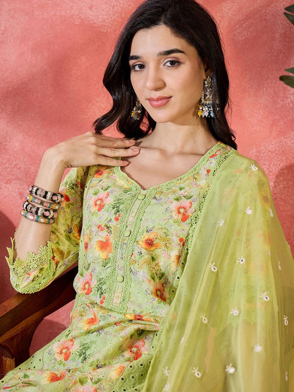 Dhiyona SN Women's Floral Printed Pure Cotton Sweetheart Neck Straight Kurta With Trousers & Dupatta