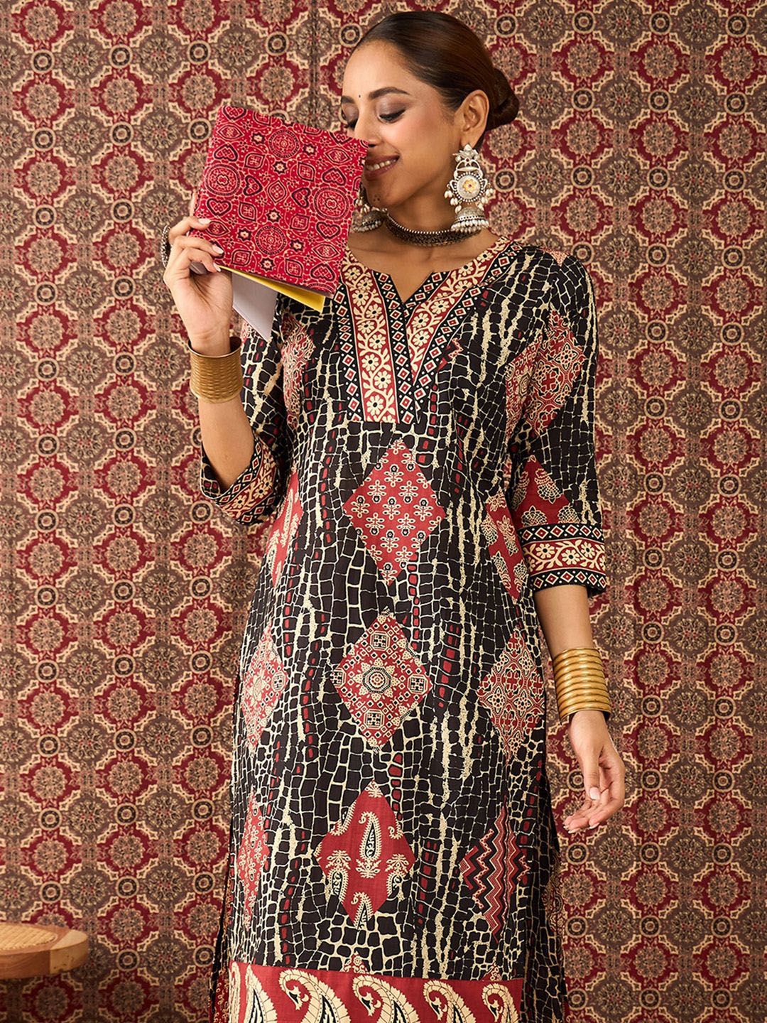 Dhiyona IE Women Ethnic Motif Printed Pure Cotton Straight Kurta Trousers Set