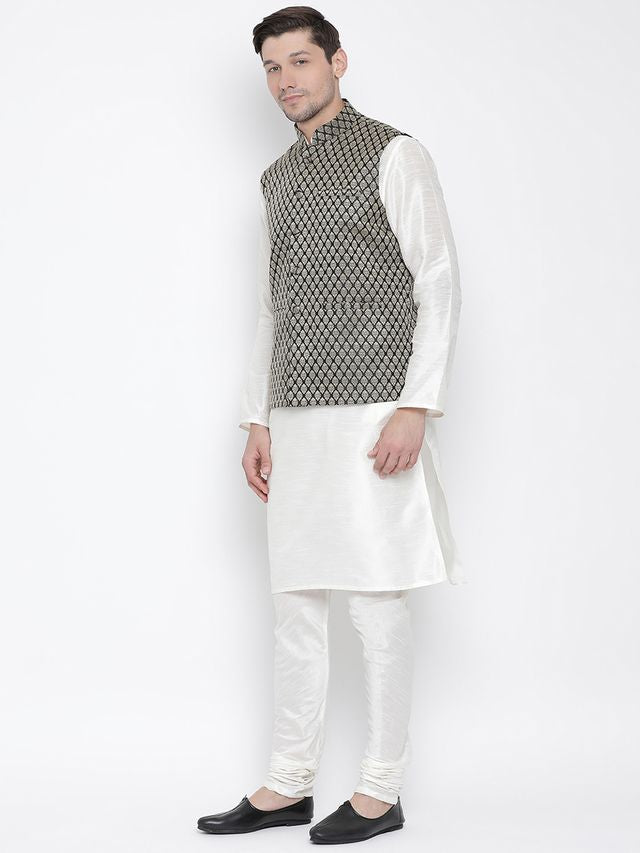 Men's Cream Silk Blend Straight Jacket  Kurta and Pyjama Set