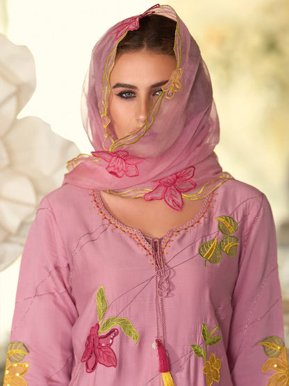 Floral Embroidered Tie-Up Neck Kurta With Trousers & Dupatta