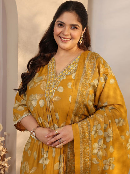 Dhiyona Women's Plus Size Floral Printed Pleated Kurta with Trousers & Dupatta