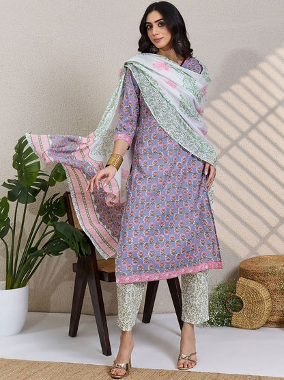 Women Floral Printed V-Neck Pure Cotton Kurta with Trousers & Dupatta