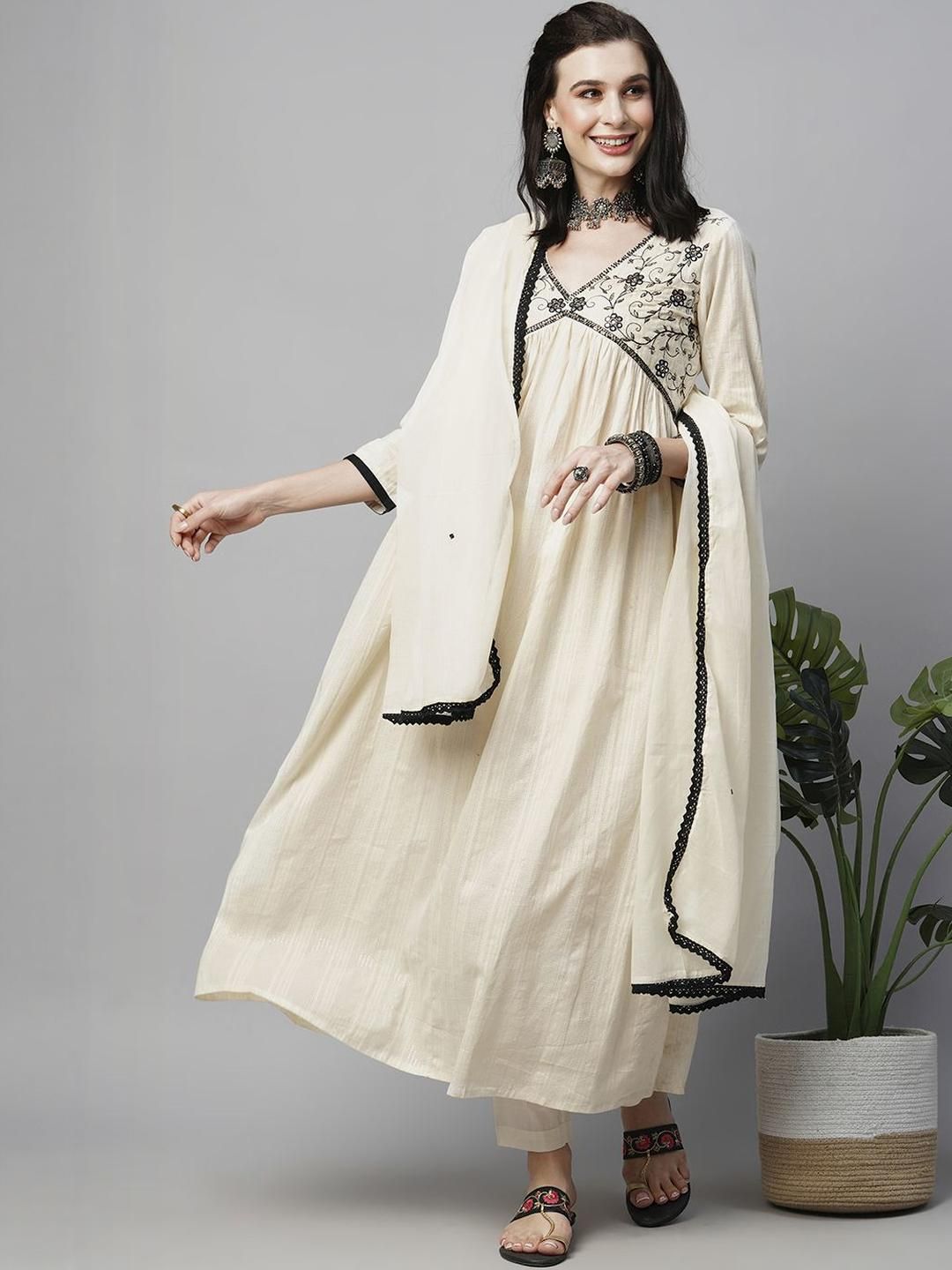Dhiyona SN Women's Woven Design Embroidered Cotton Kurta with Trousers & Dupatta
