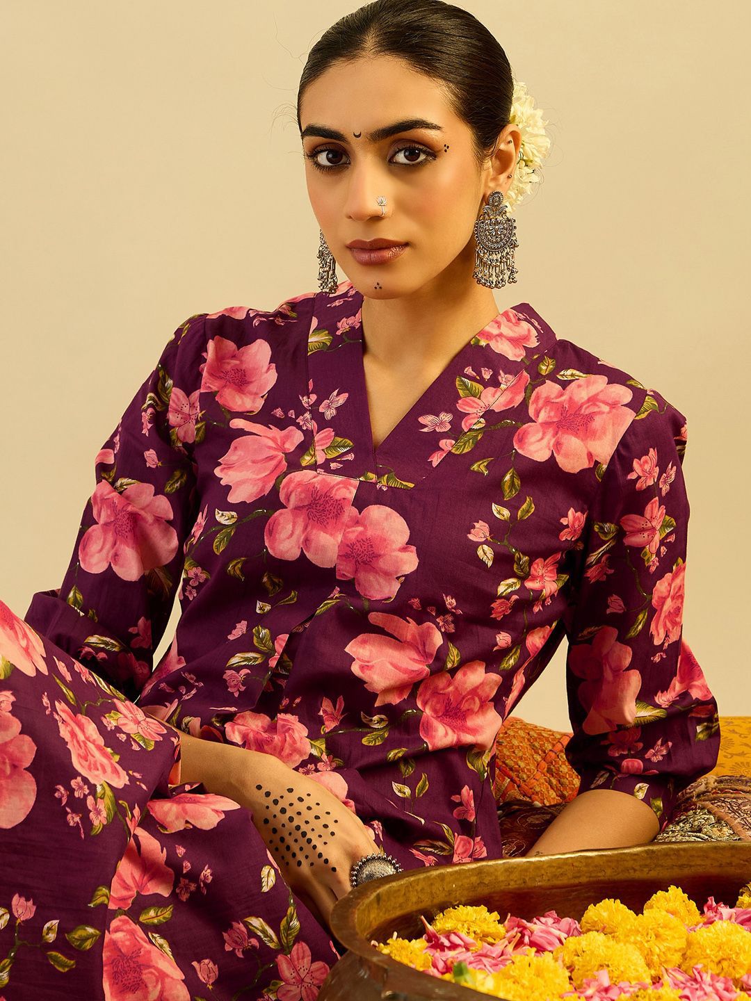 Floral Printed Pure Cotton Kurta With Trousers