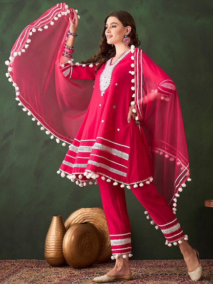 Dhiyona SN Women's Pink Floral Embroidered Mirror Work A-Line Kurta With Trousers & Dupatta