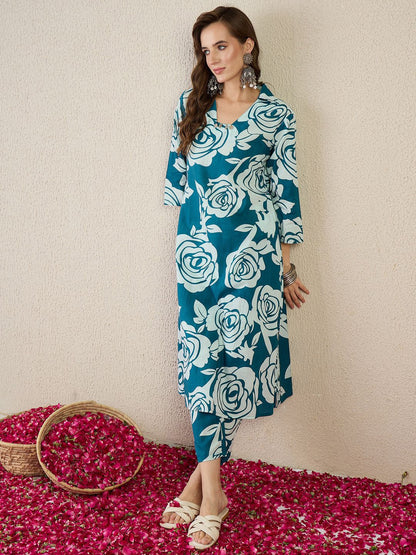 Dhiyona IE Floral Printed Pure Cotton Spread Collar Tunic With Trousers Co-Ords