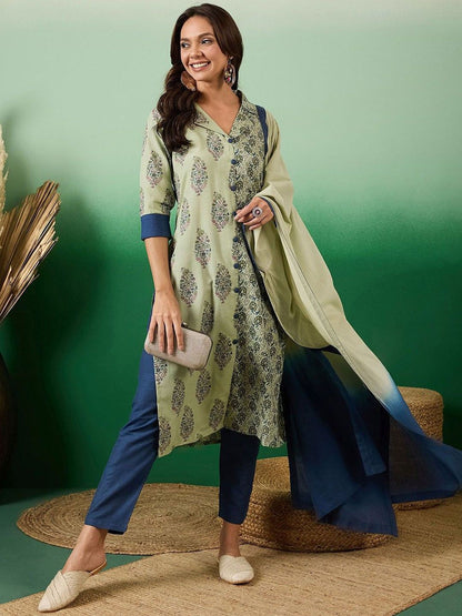 Dhiyona SN Women's Floral Printed Round Neck Straight Kurta With Trousers And Dupatta