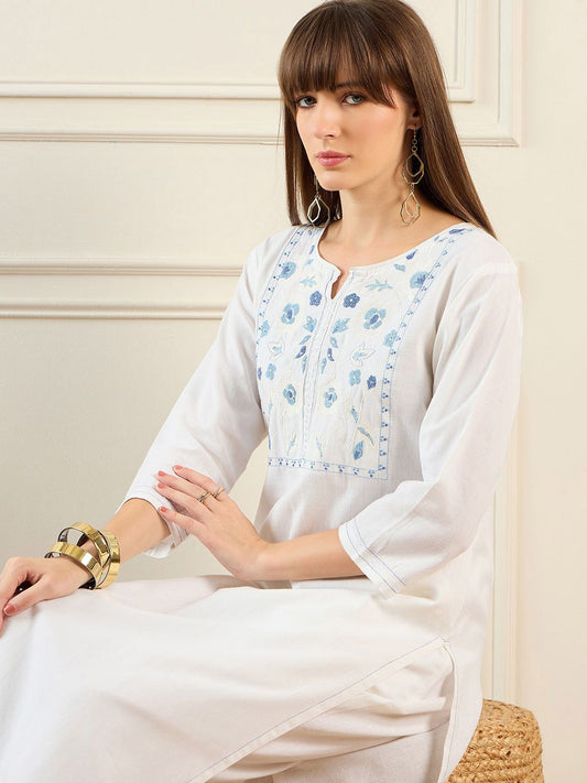 Dhiyona IE Floral Embroidered Notched Neck Pure Cotton Straight Kurta With Trousers