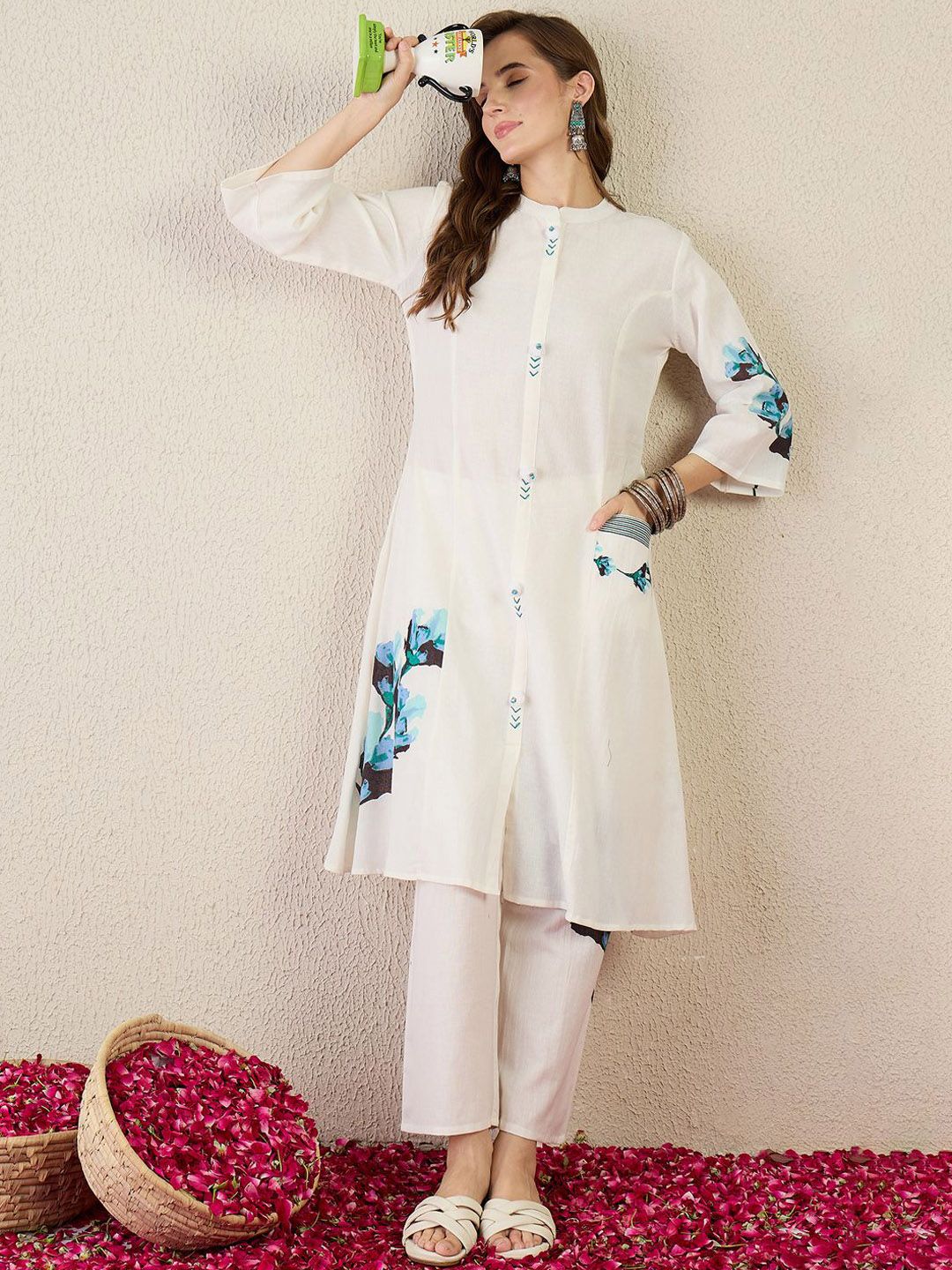 Floral Printed Mandarin Collar Pure Cotton A-Line Kurta With Trouser