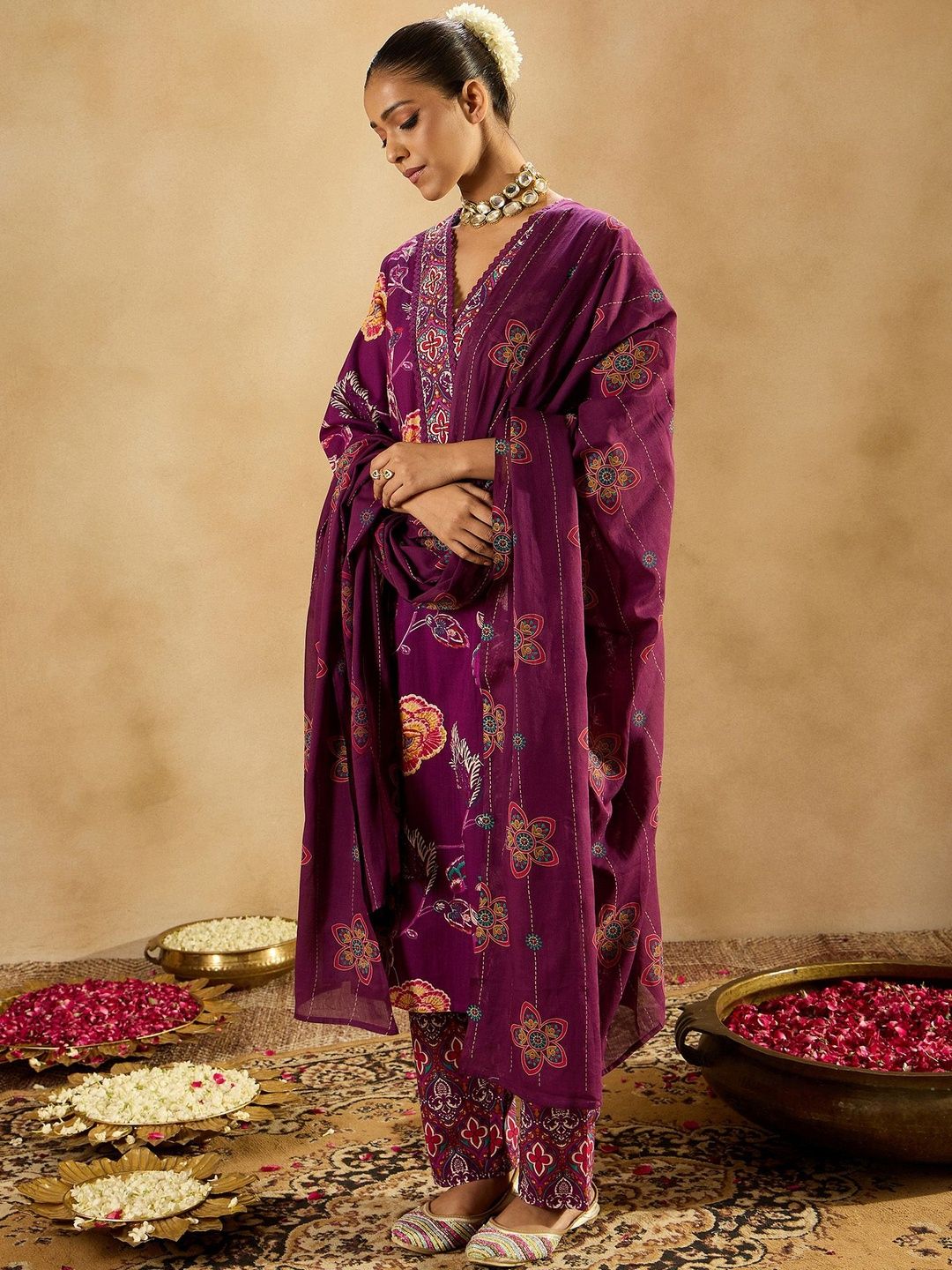 Ethnic Motifs Printed Regular Pure Cotton Kurta With Trouser And Dupatta