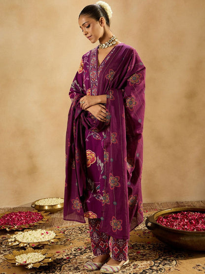 Ethnic Motifs Printed Regular Pure Cotton Kurta With Trouser And Dupatta