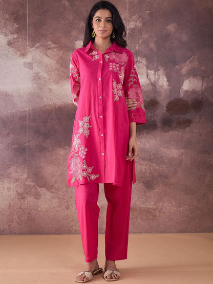 Floral Embroidered Thread Work Pure Cotton Kurta With Trouser