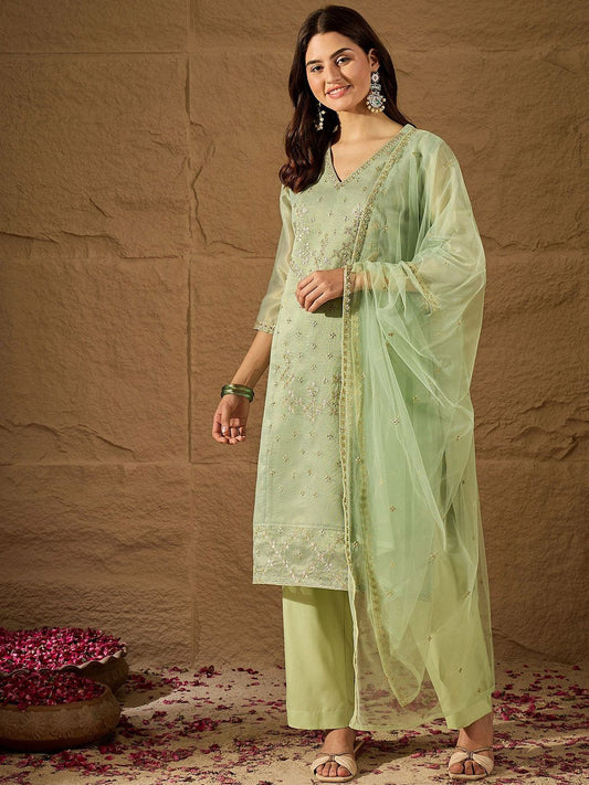 Dhiyona PD Women Floral Embroidered V-Neck Chanderi Cotton Kurta & Trousers With Dupatta