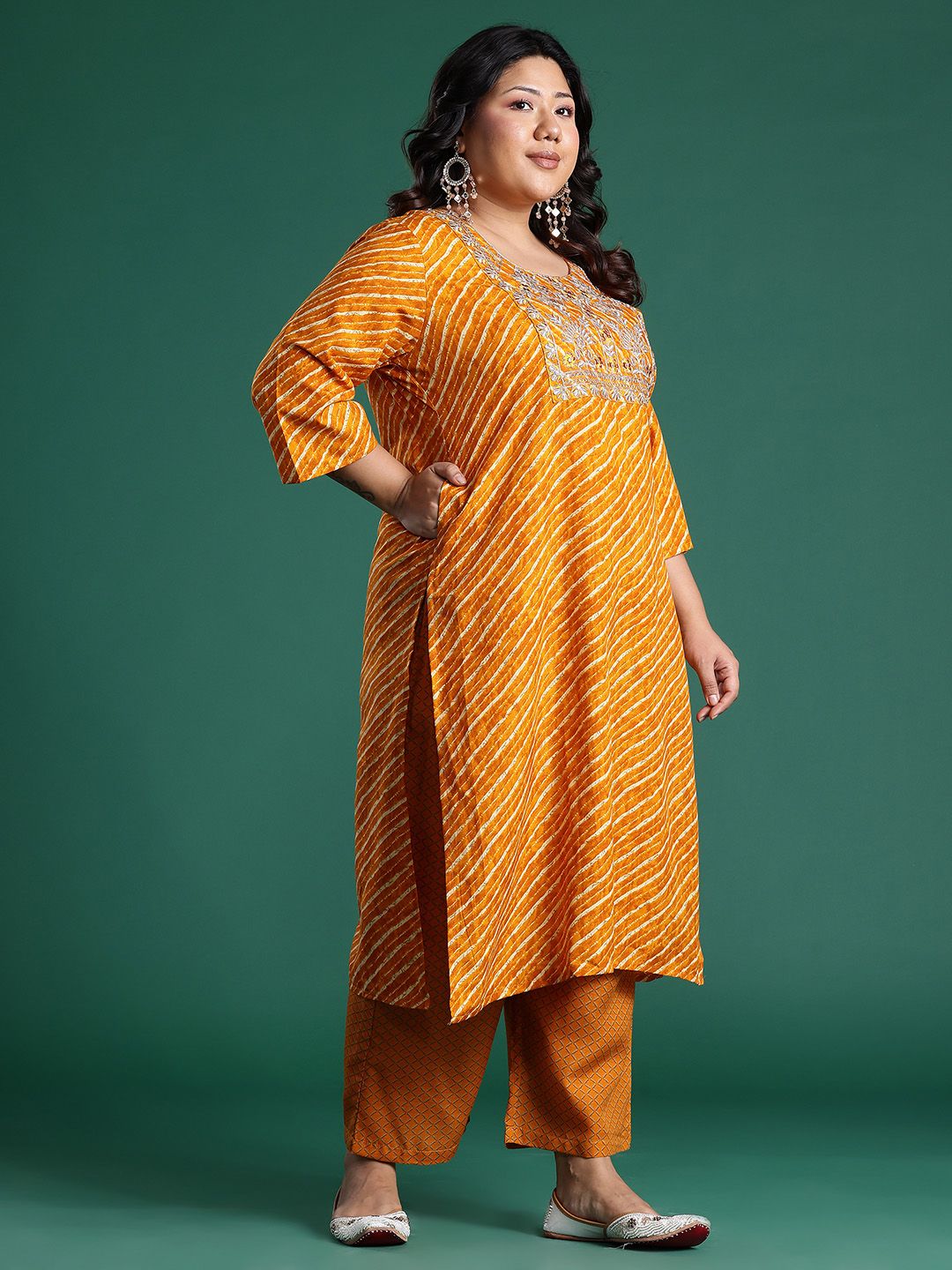 Plus Size Leheriya Print Kurta with Palazzos & Dupatta