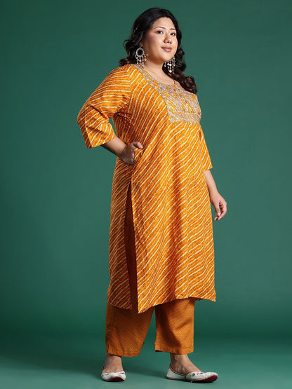 Plus Size Leheriya Print Kurta with Palazzos & Dupatta