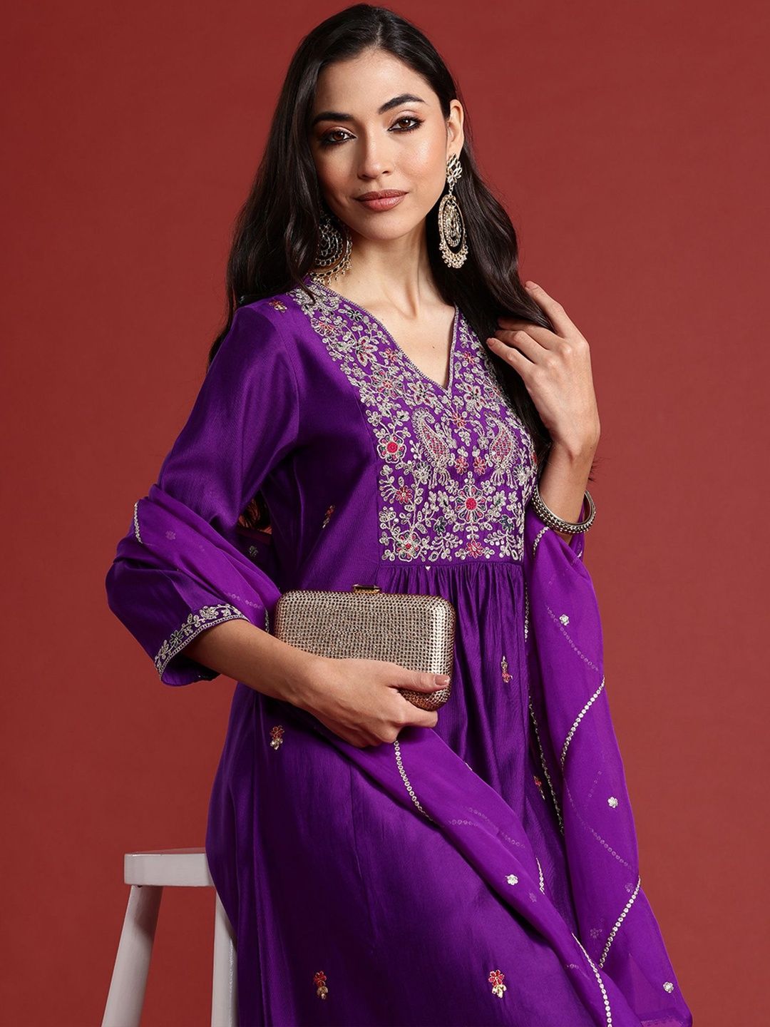 Ethnic Motifs Embroidered Thread Work A-Line Kurta With Trouser And Dupatta