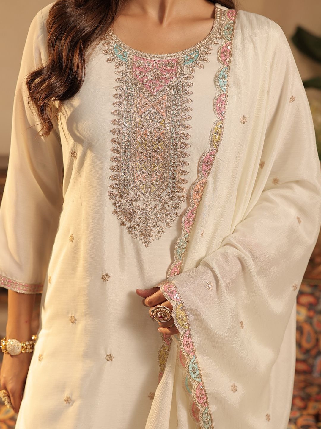 Women Ethnic Motifs Embroidered Kurta with Palazzos & Dupatta