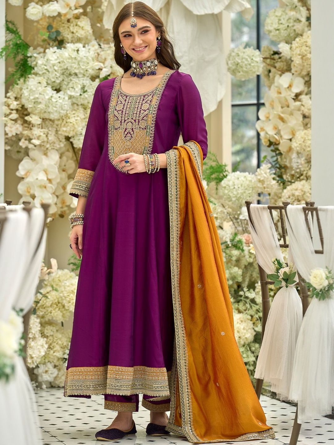 Women Ethnic Motifs Embroidered Anarkali Kurta with Trousers & Dupatta