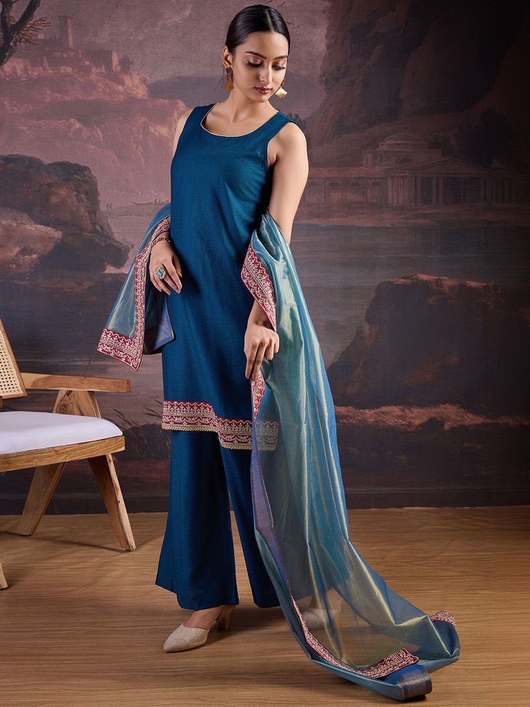 Dhiyona PD Women Zari Work Sleeveless Straight Kurta And Palazzo With Dupatta