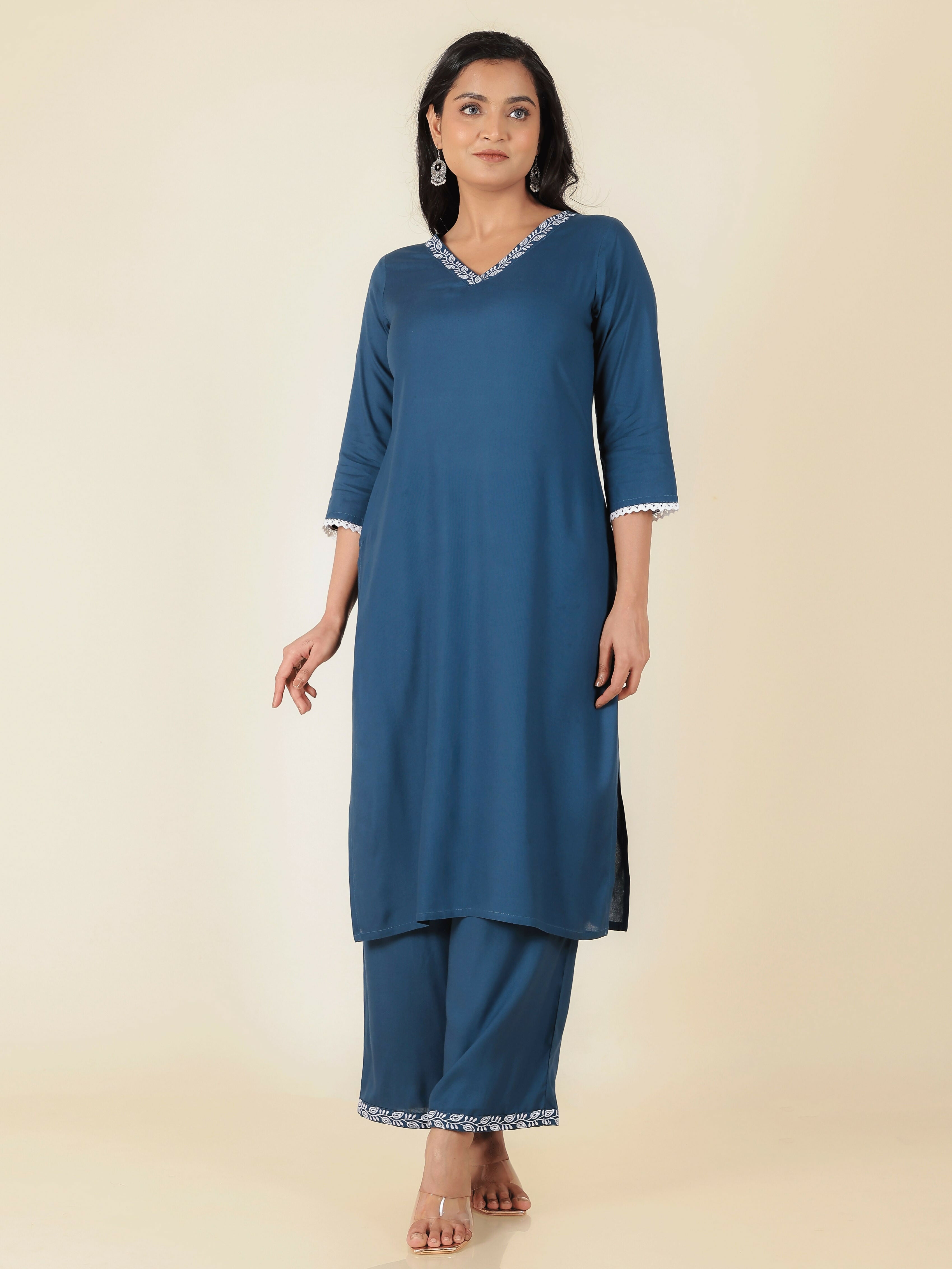 Women's Blue Rayon Solid Straight Kurta for Women
