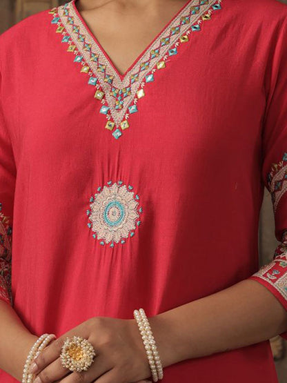 Floral Embroidered V-Neck Mirror Work Straight Kurta With Trousers